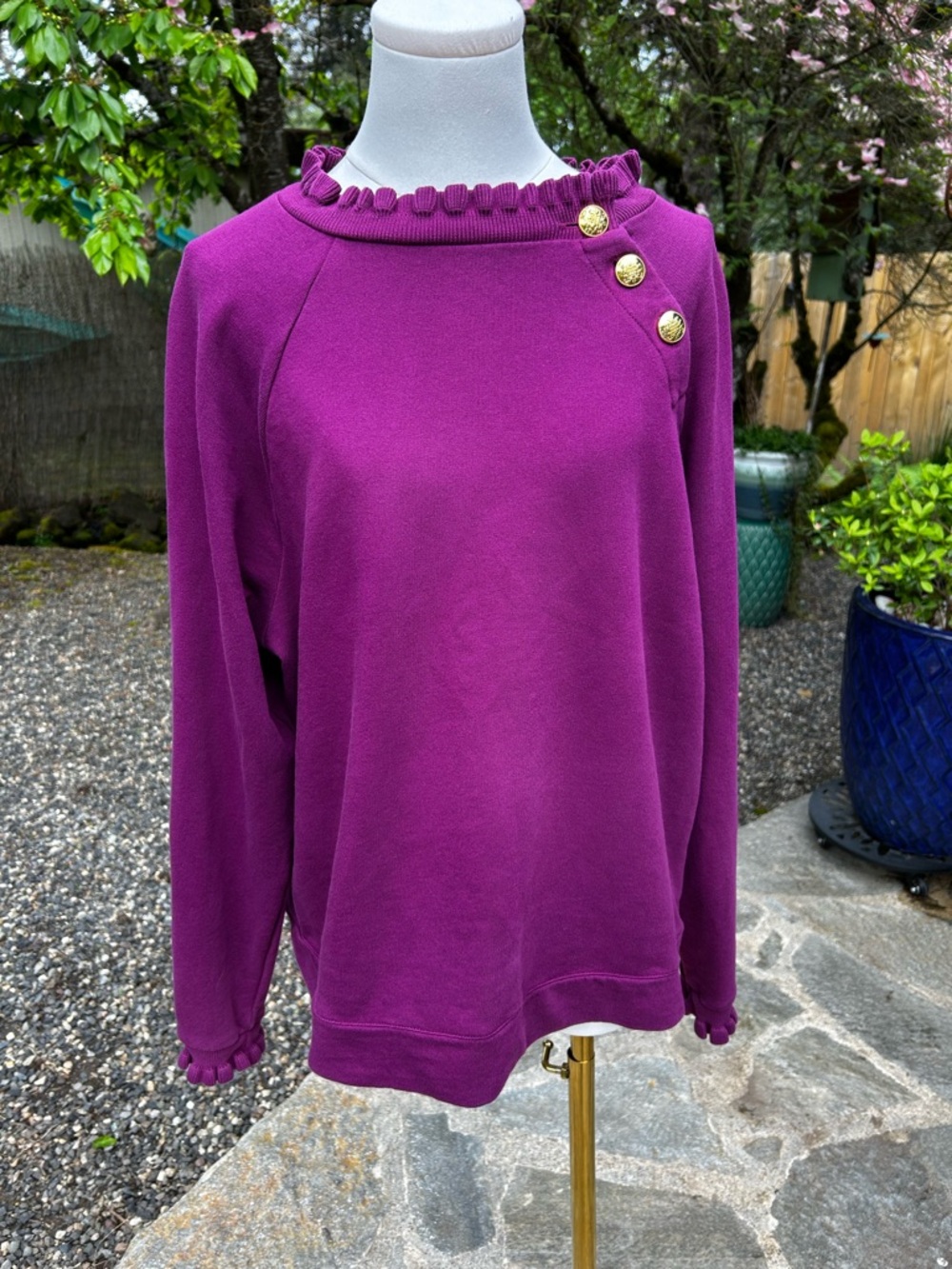 TALBOTS Purple Ruffle Neck Pullover with Gold Buttons